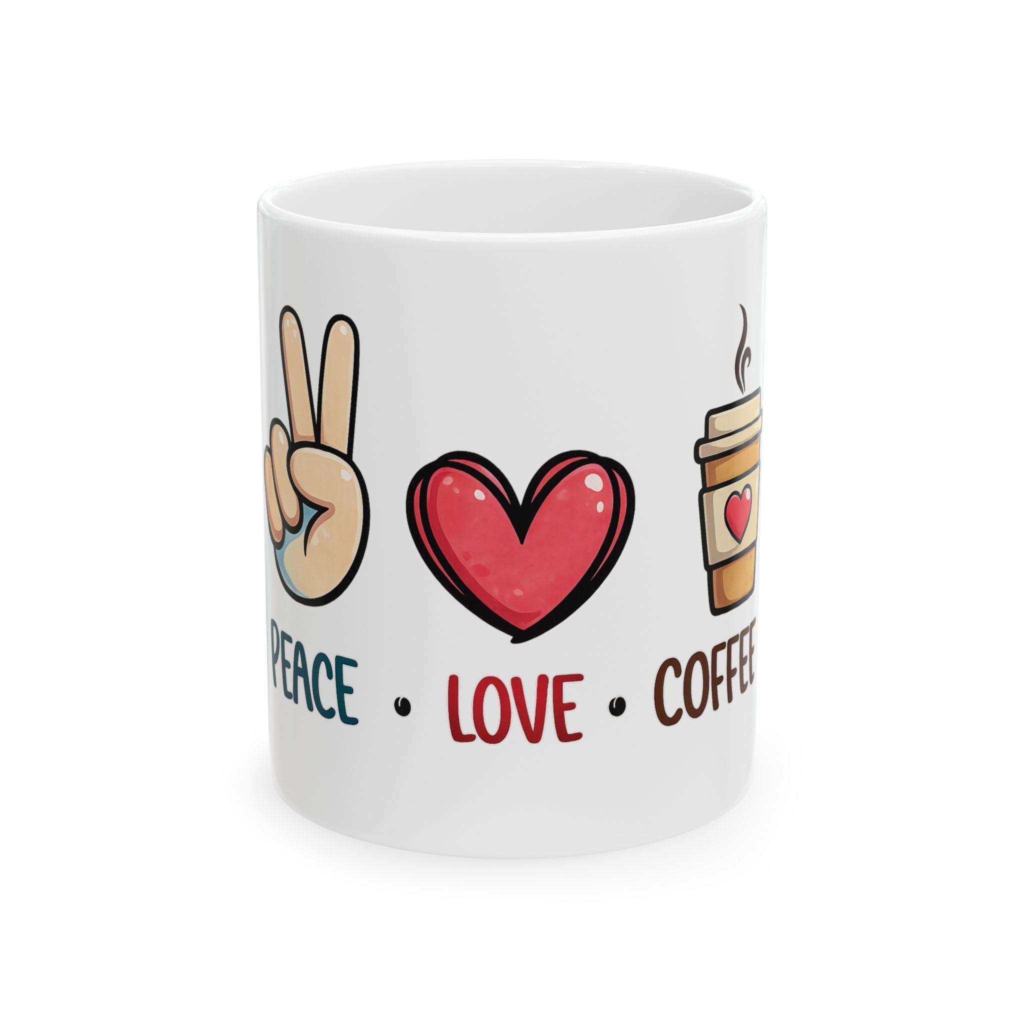 Peace Love Coffee Ceramic Mug – Cute Graphic Coffee Cup (11oz & 15oz)