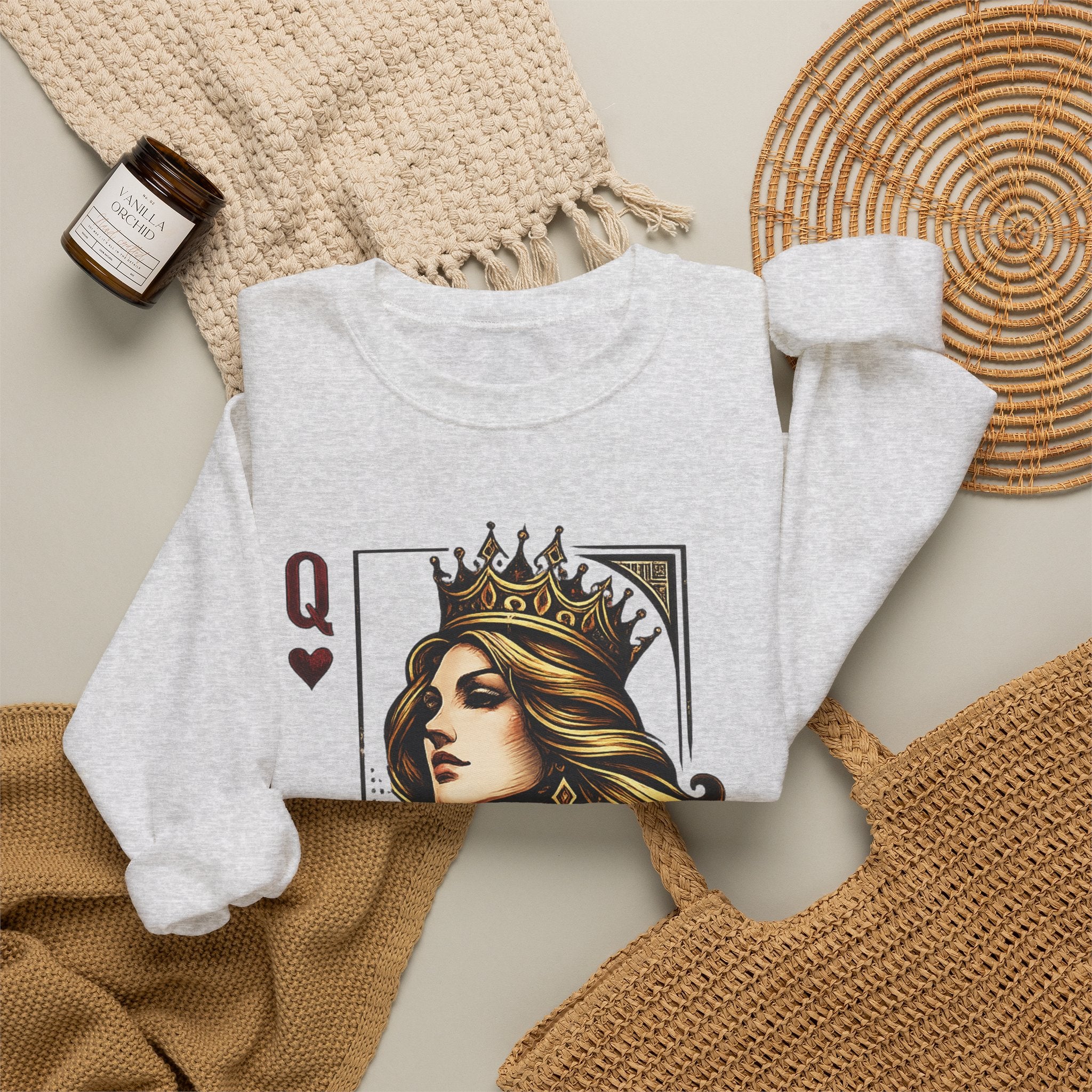 Queen Sweatshirt — 'Queen 01' Crewneck for Women (Regal Card Design)