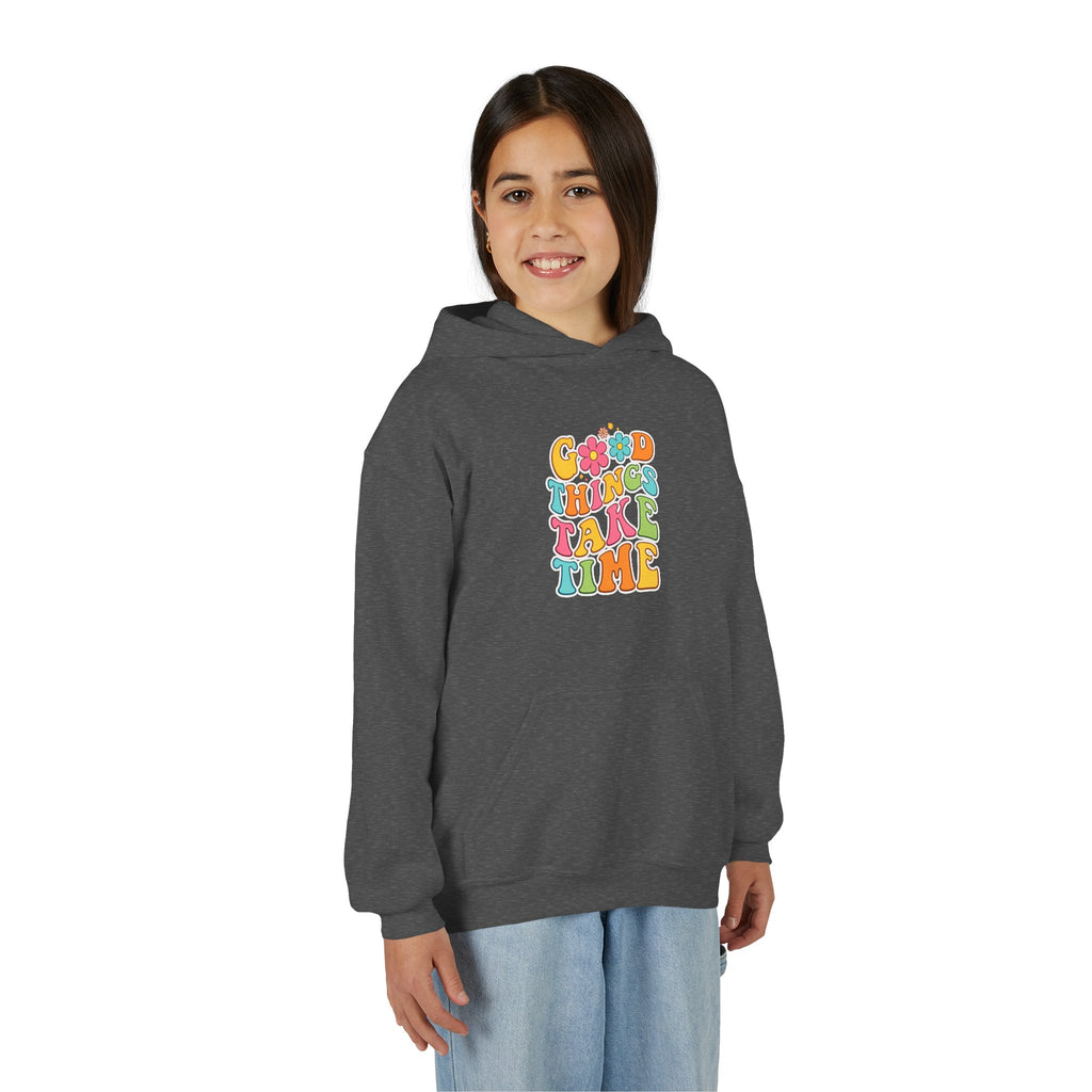 Good Things Take Time Youth Hoodie — Retro Rainbow Motivational Sweatshirt
