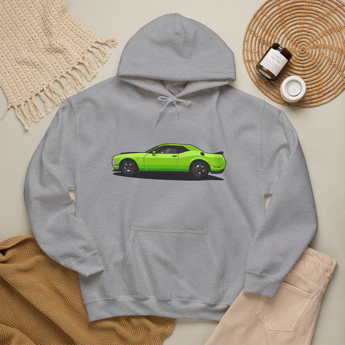 Green Muscle Car Hoodie – Neon Challenger Side-Profile Graphic