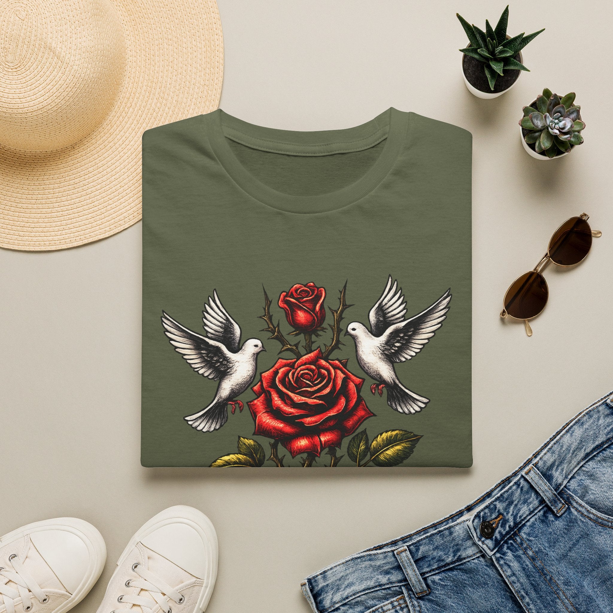 Blessed Rose Tee — Vintage Doves & Thorny Red Rose Graphic T-Shirt