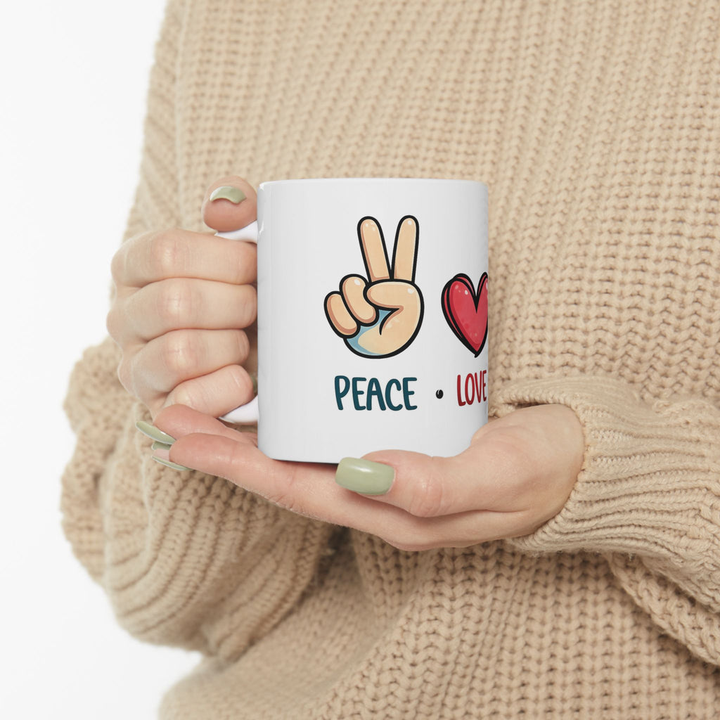 Peace Love Coffee Ceramic Mug – Cute Graphic Coffee Cup (11oz & 15oz)
