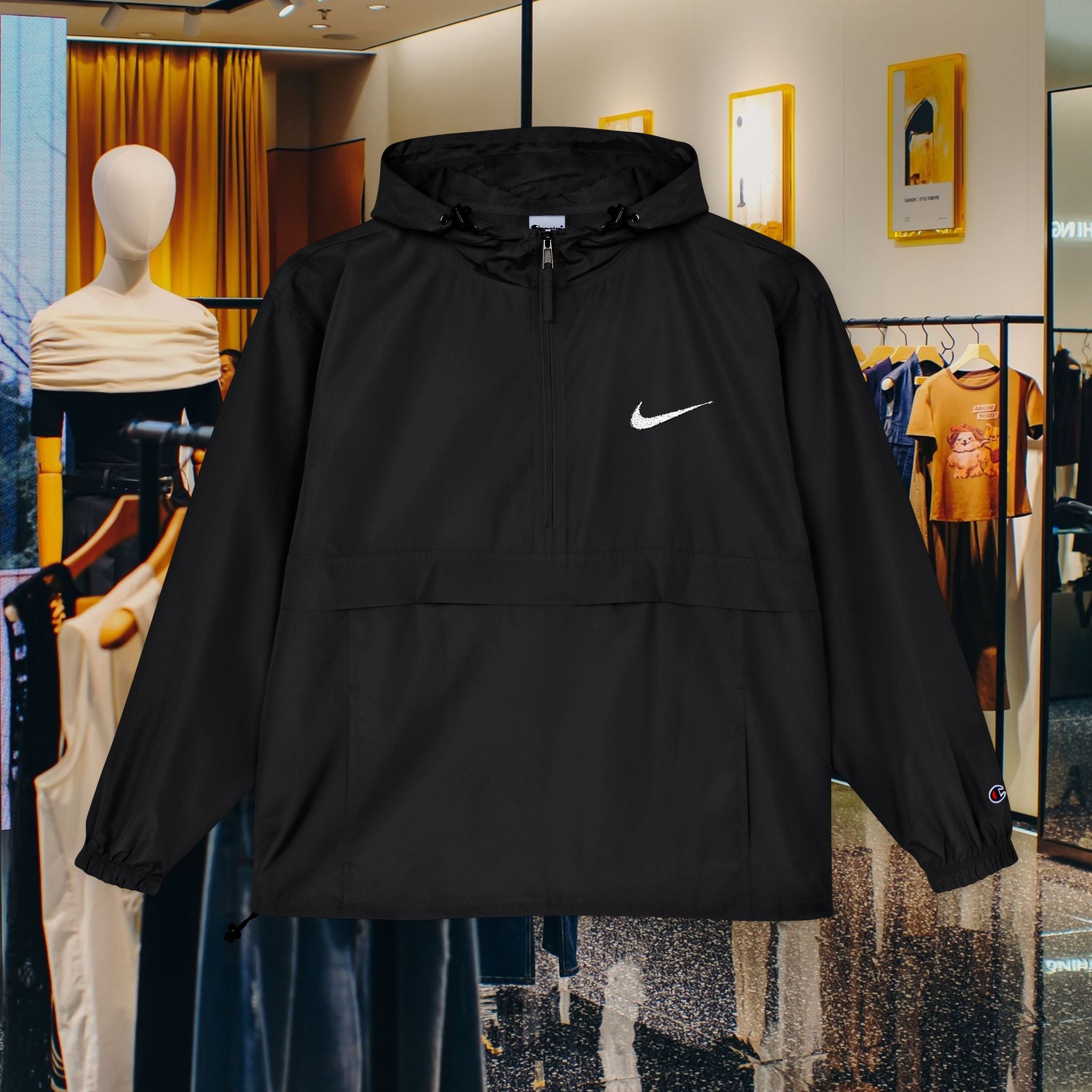 Packable Anorak Jacket – Lightweight Black Windbreaker with Script Logo
