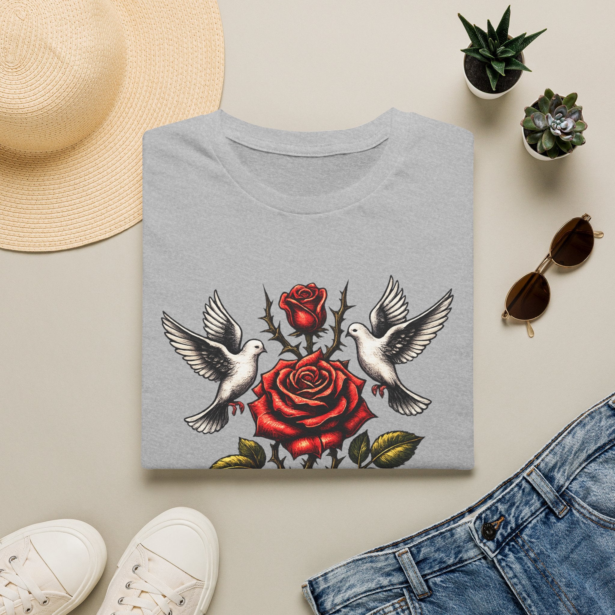 Blessed Rose Tee — Vintage Doves & Thorny Red Rose Graphic T-Shirt