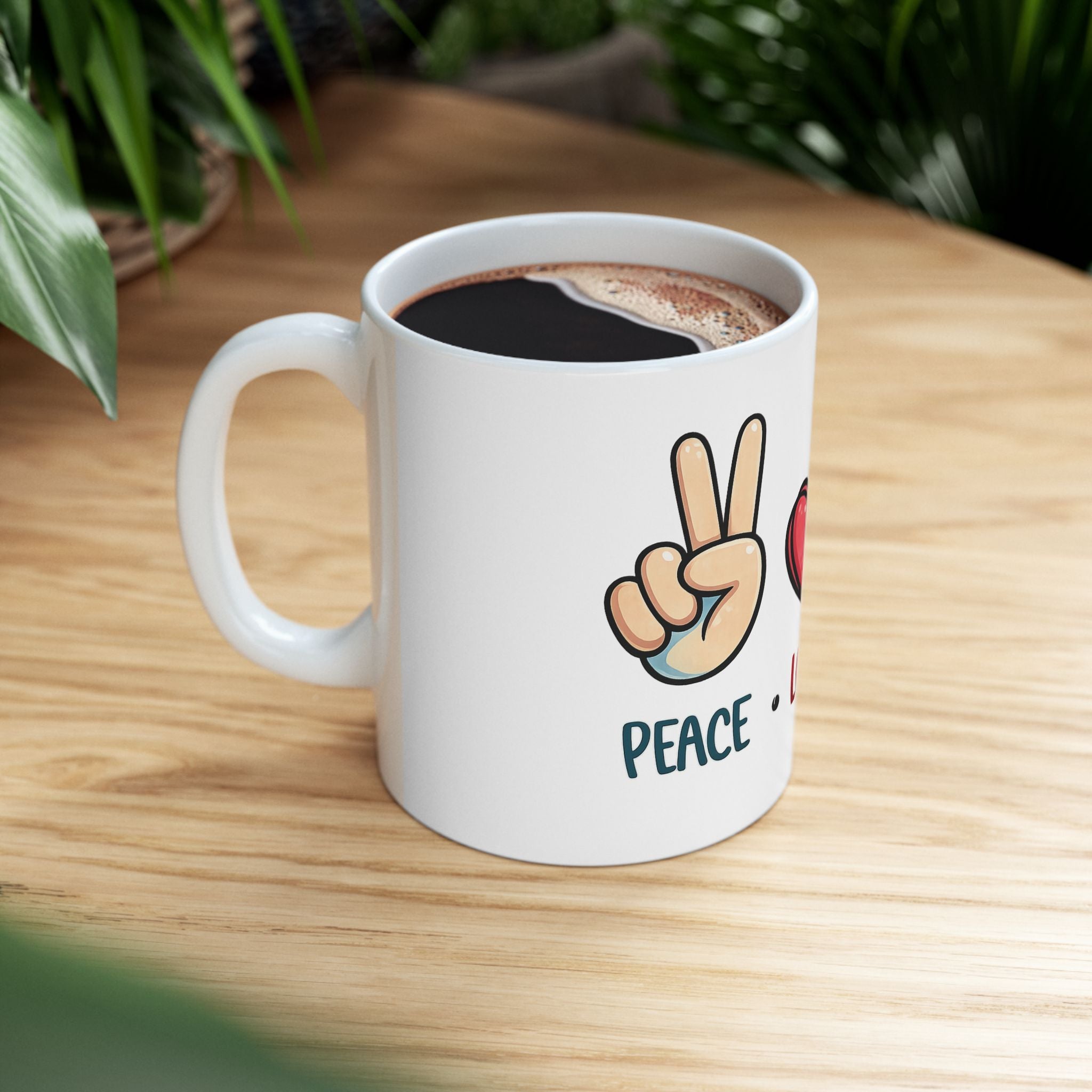 Peace Love Coffee Ceramic Mug – Cute Graphic Coffee Cup (11oz & 15oz)