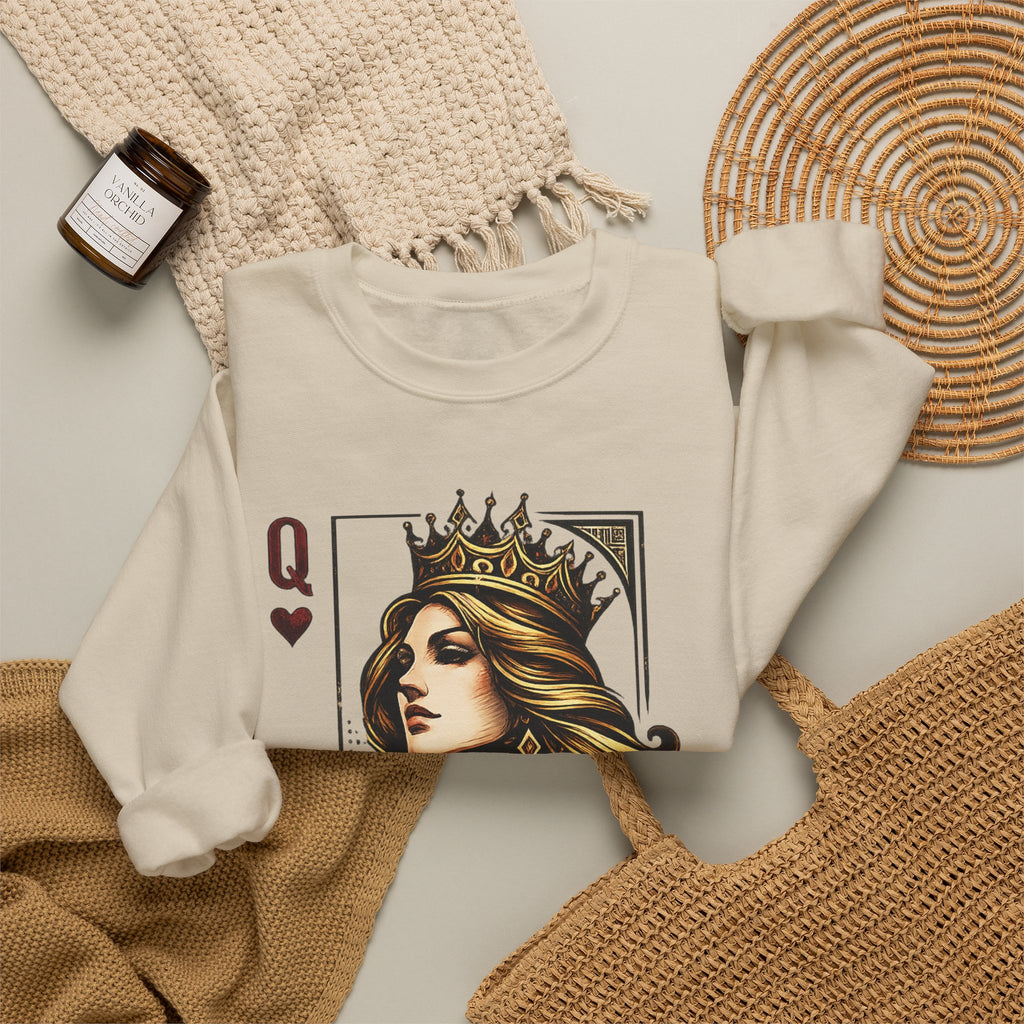 Queen Sweatshirt — 'Queen 01' Crewneck for Women (Regal Card Design)