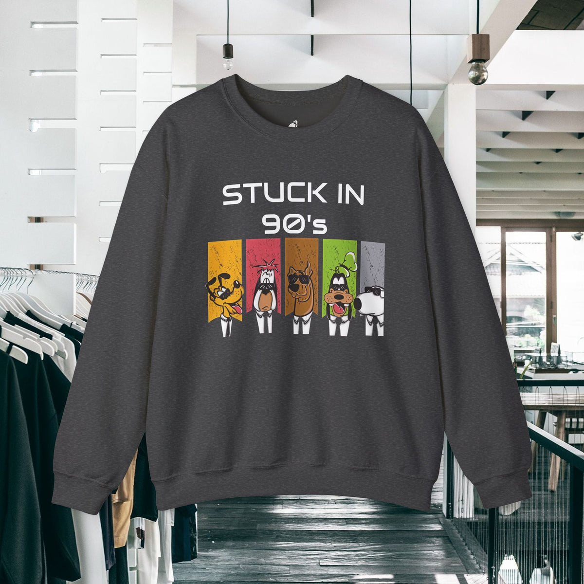 Stuck in 90s Crewneck Sweatshirt — Retro Cartoon Character 90s Nostalgia Pullover
