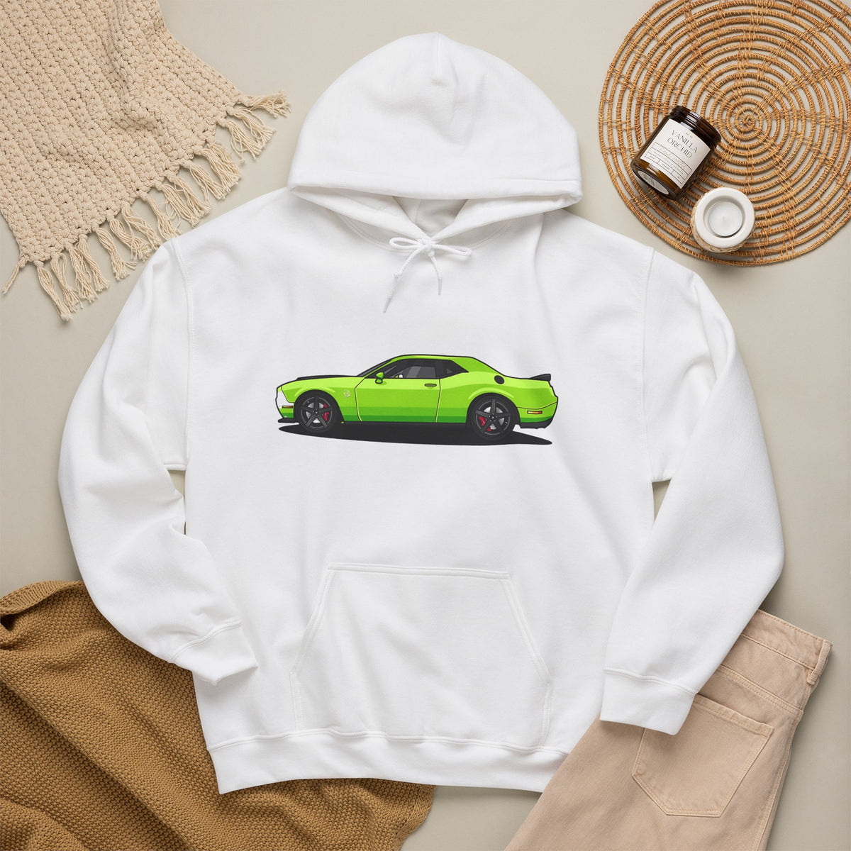 Green Muscle Car Hoodie – Neon Challenger Side-Profile Graphic