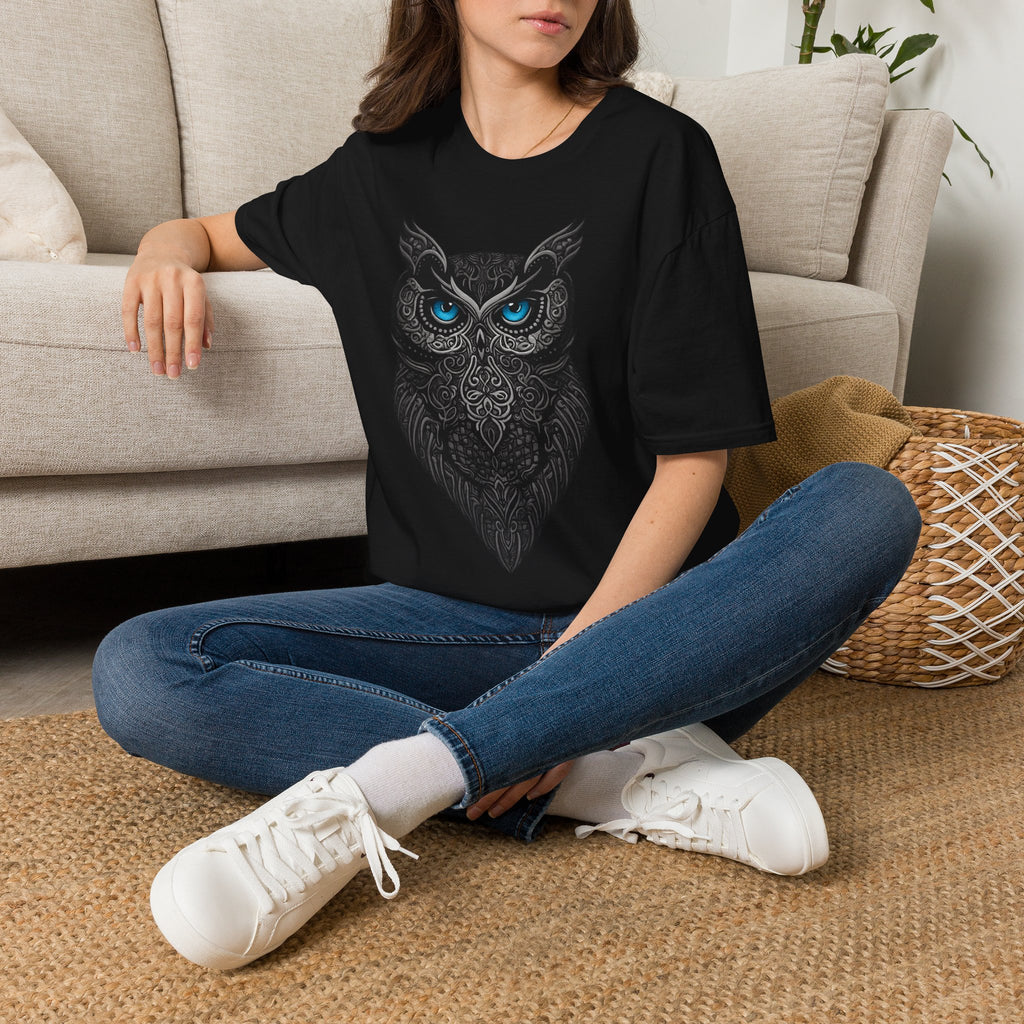 Owl Mandala T-Shirt — Intricate Night Owl Design with Blue Eyes