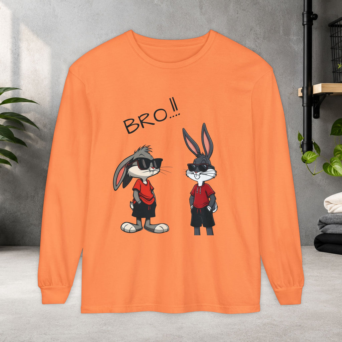 Bro! Cartoon Bunny Brothers Long Sleeve Tee — Funny Retro Rabbit Graphic Shirt