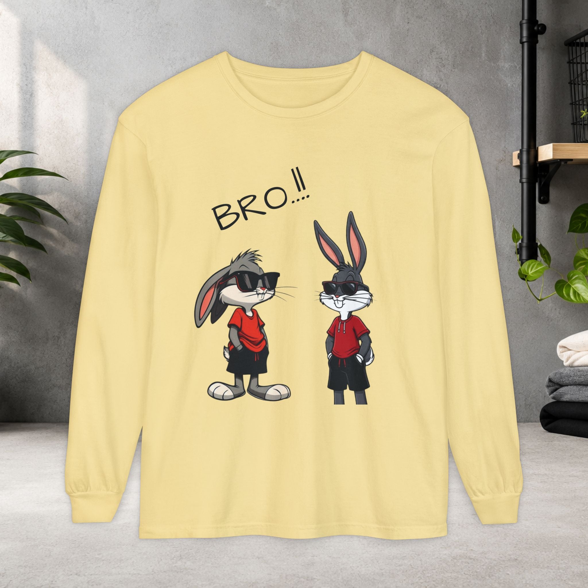 Bro! Cartoon Bunny Brothers Long Sleeve Tee — Funny Retro Rabbit Graphic Shirt
