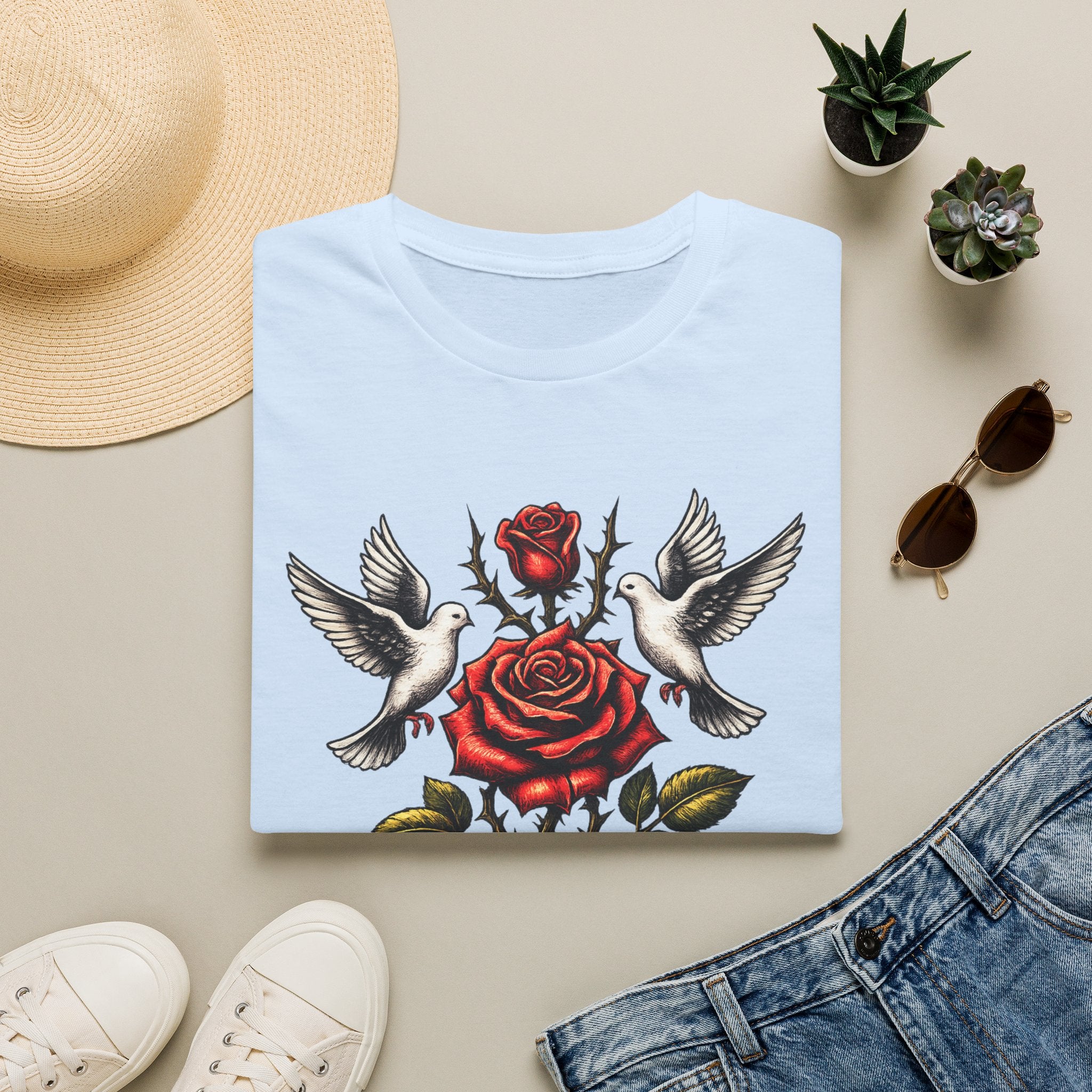 Blessed Rose Tee — Vintage Doves & Thorny Red Rose Graphic T-Shirt