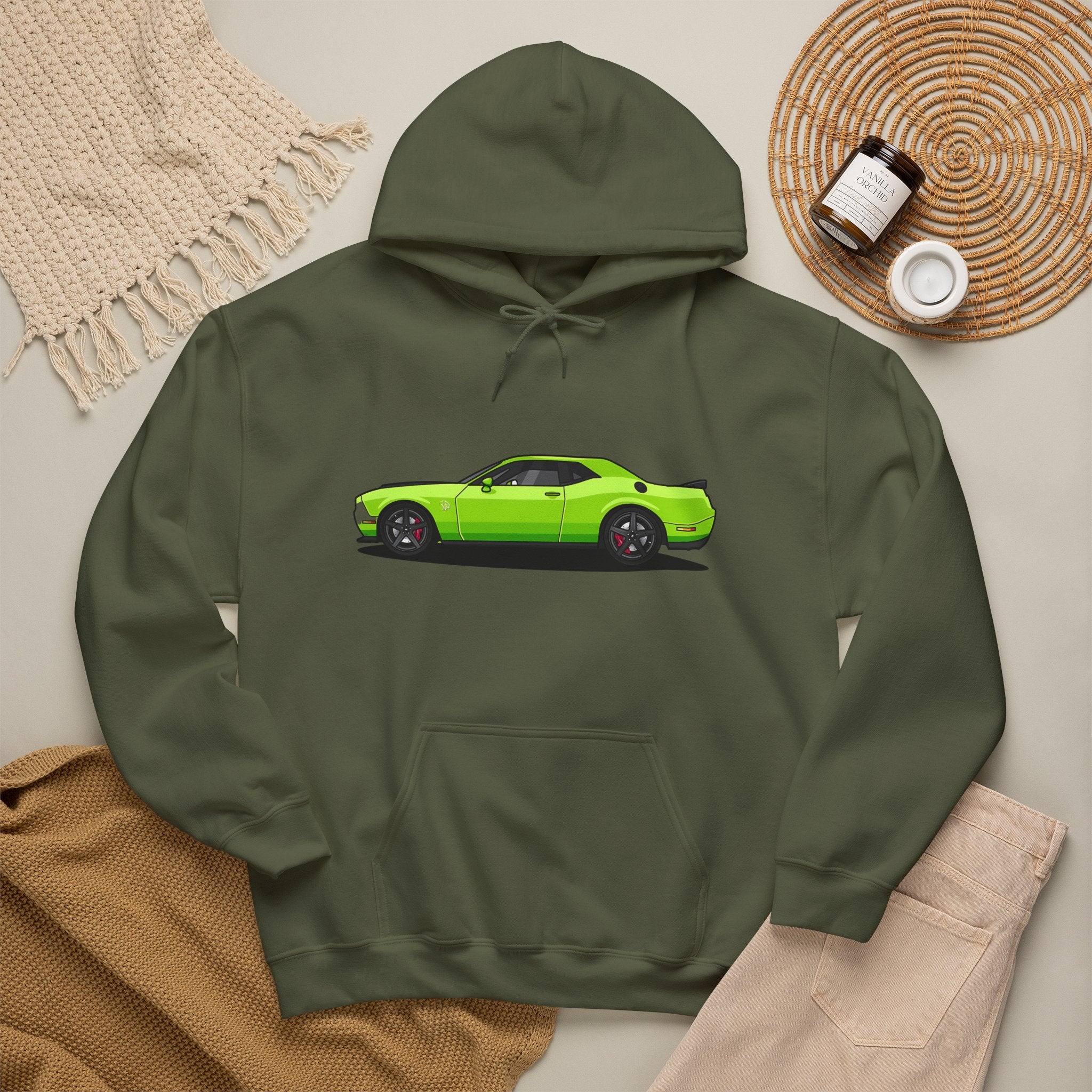 Green Muscle Car Hoodie – Neon Challenger Side-Profile Graphic