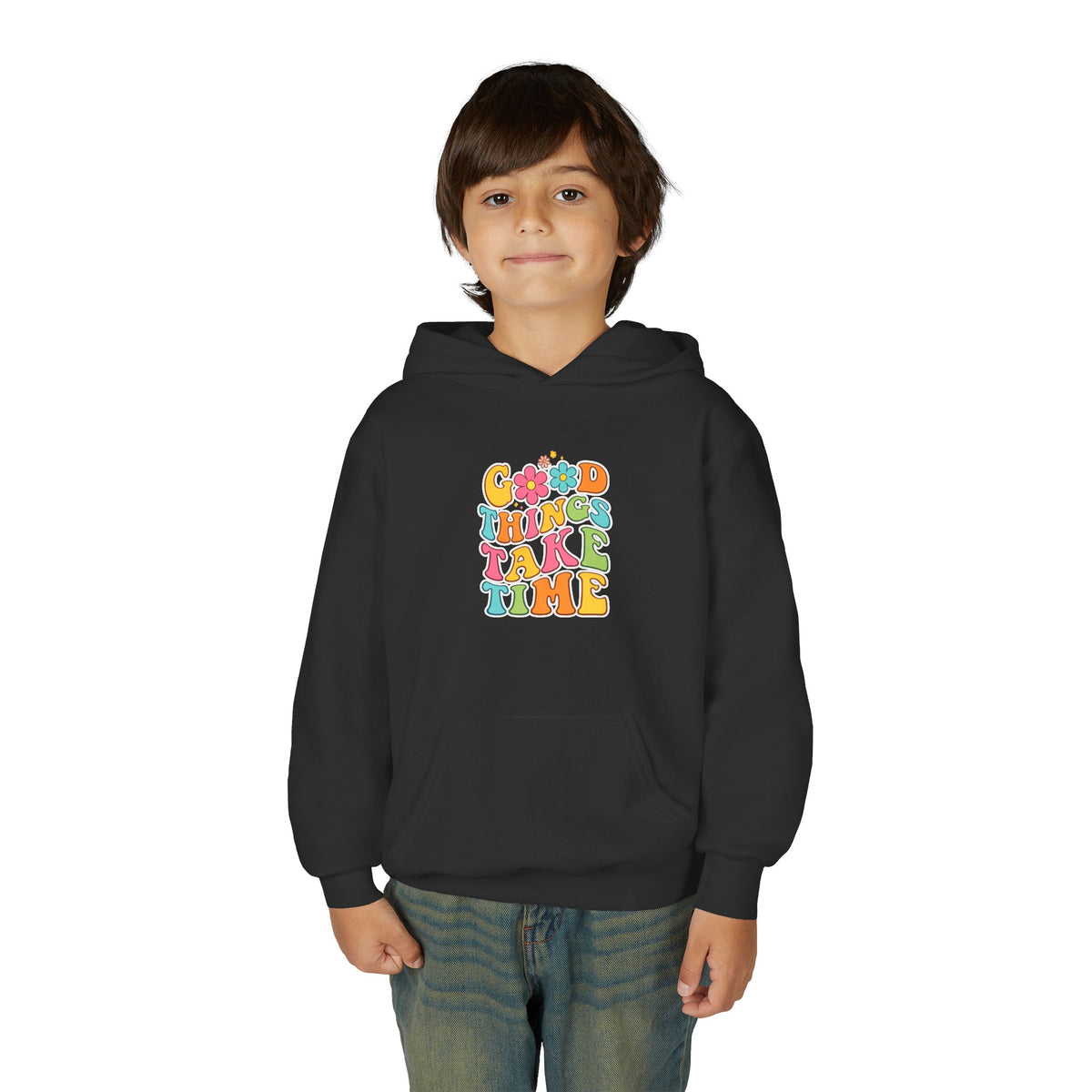 Good Things Take Time Youth Hoodie — Retro Rainbow Motivational Sweatshirt